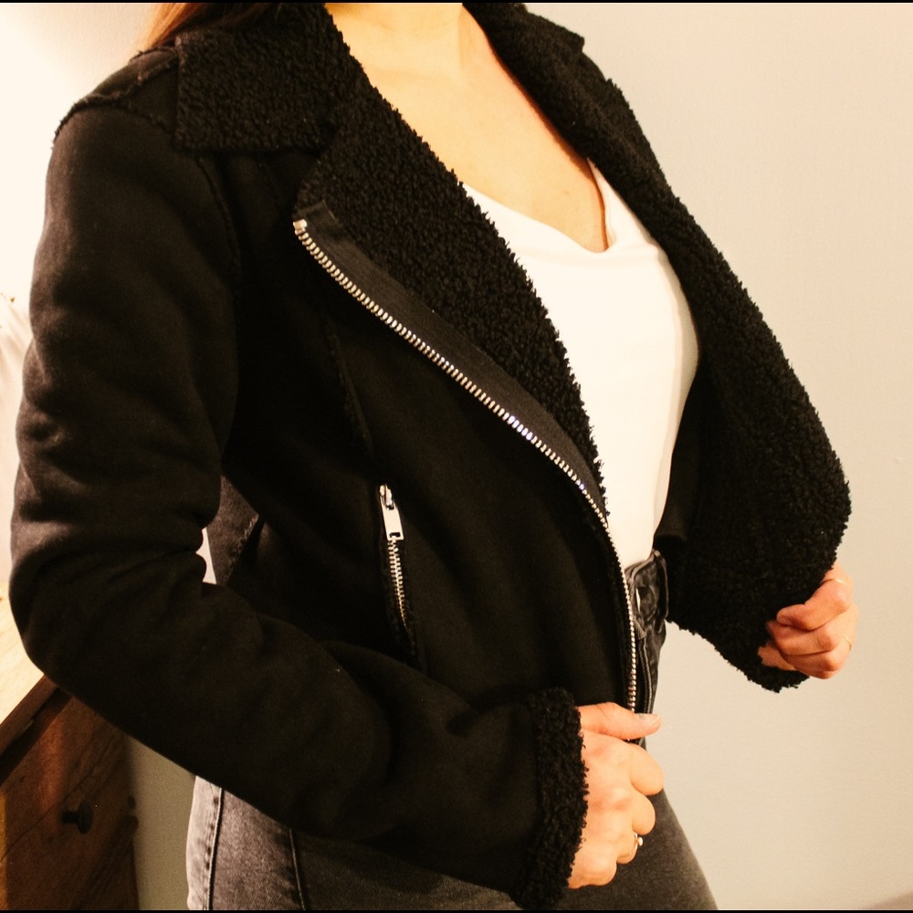 Fur lined black biker jacket